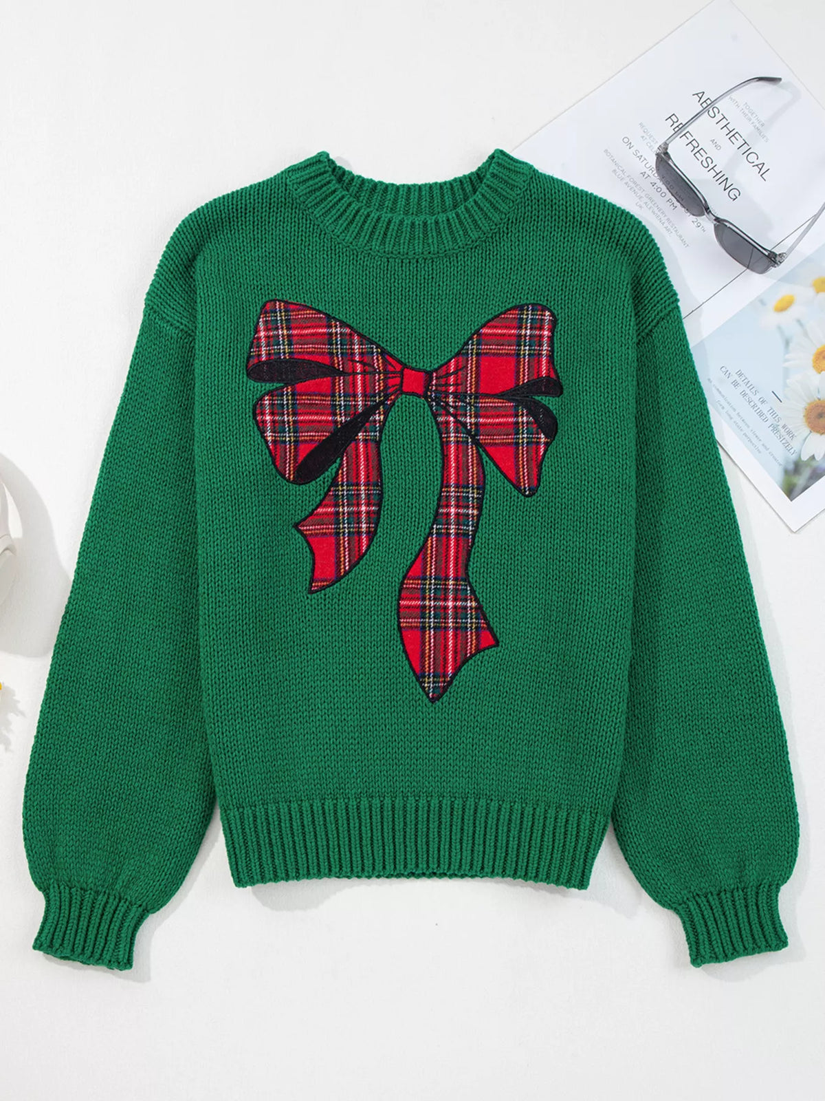 Plaid Bow Graphic Christmas Sweater side view