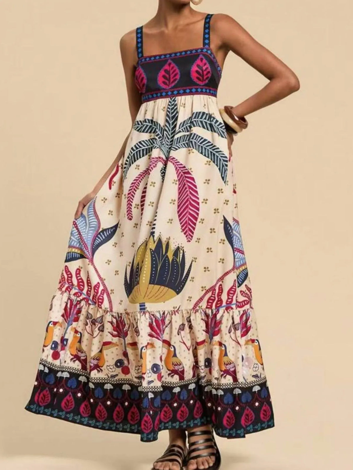 Tropical print maxi cami dress, hemline detail