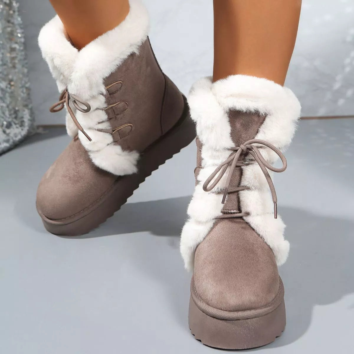 Fuzzy Trim Lace Up Platform Boots collar detail