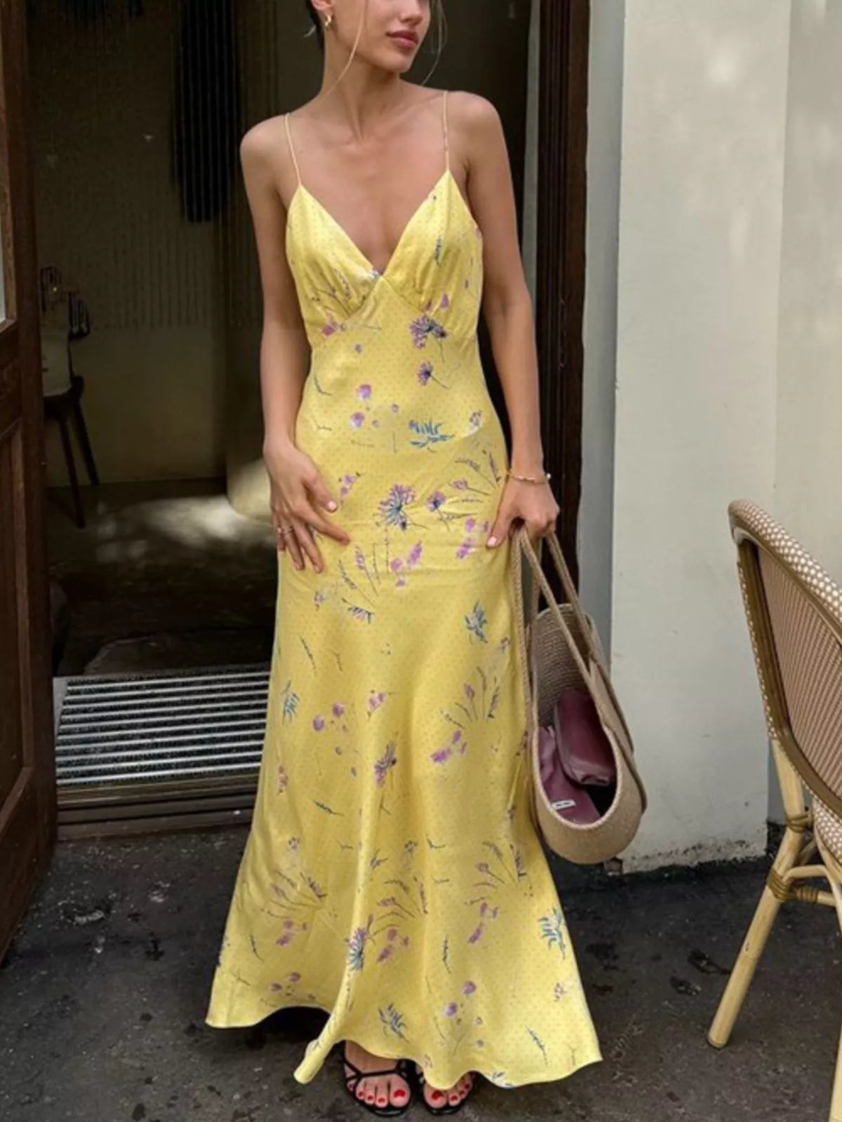Floral spaghetti strap maxi dress front view