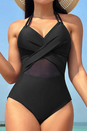 Crisscross Halter Neck One-Piece Swimwear Black - Fashorio