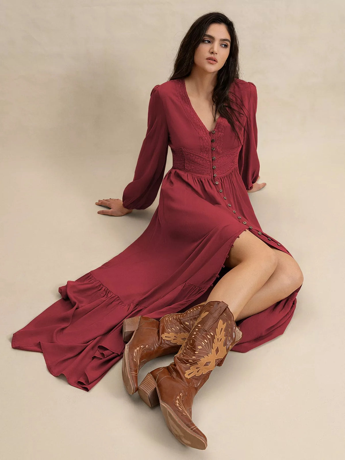 V-Neck Balloon Sleeve Maxi Dress Plus Size, view 6