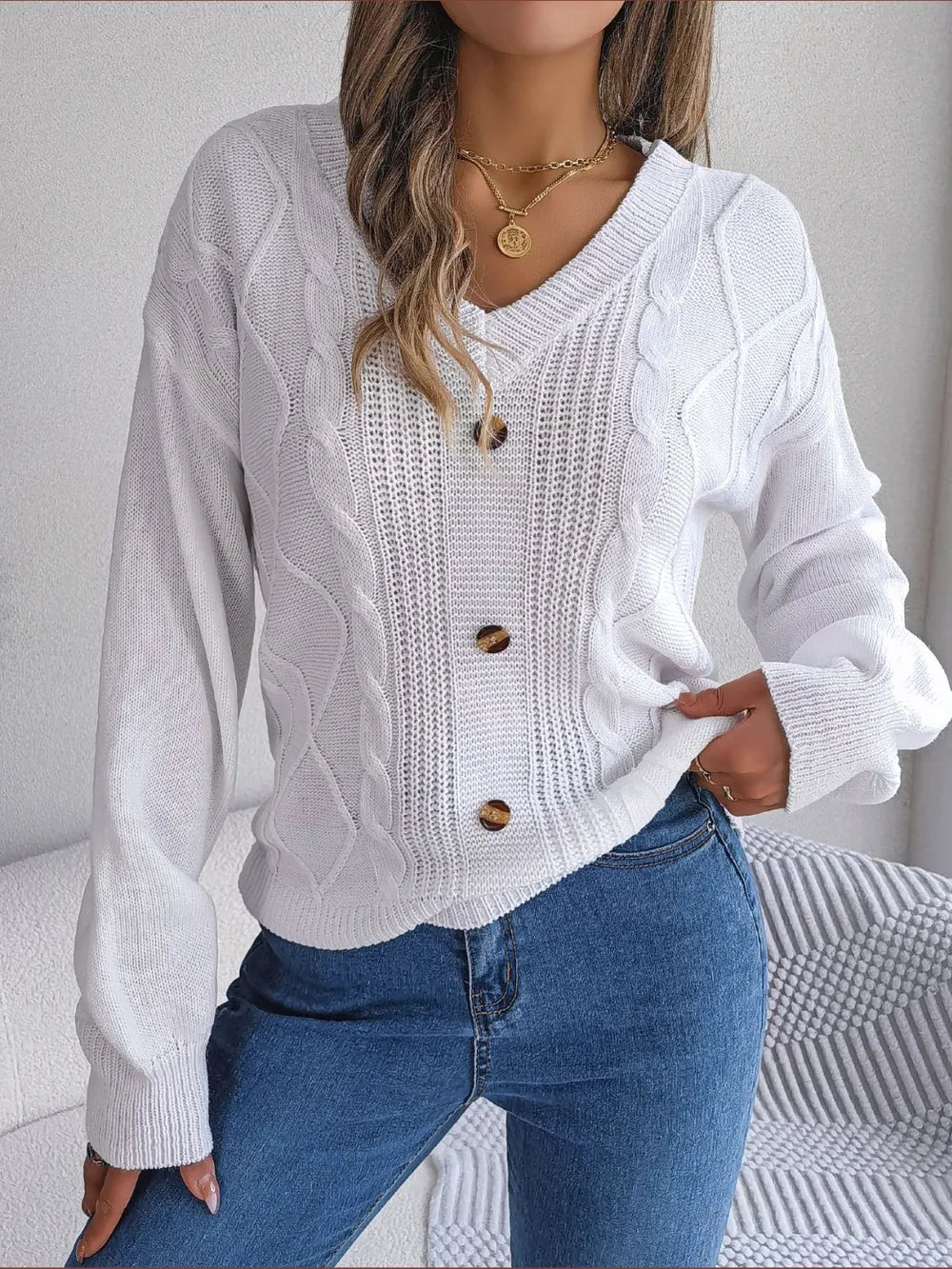 Cable-Knit Buttoned V-Neck Sweater White - Fashorio
