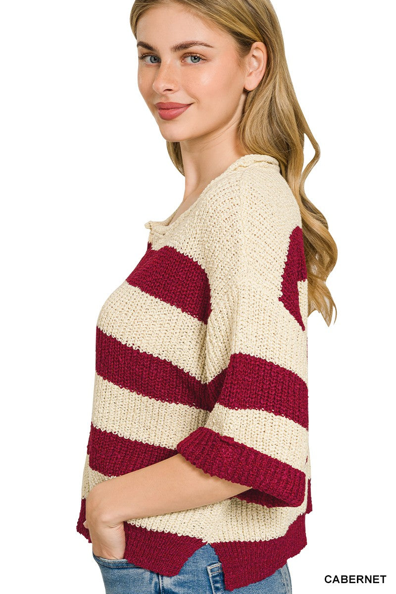 Striped split neck sweater neckline detail