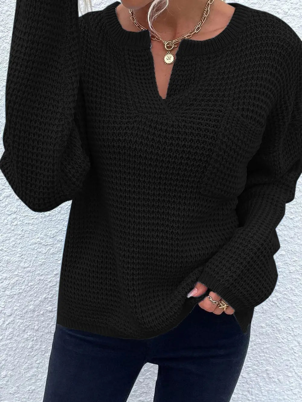 Notched Long Sleeve Sweater - Fashorio