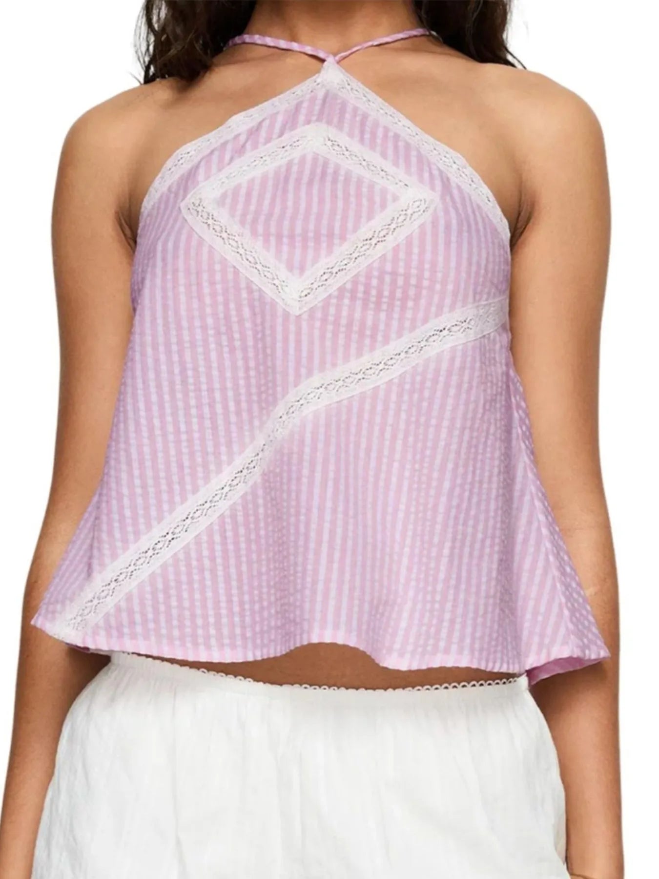Striped Halter Neck Cami Pink - Fashorio