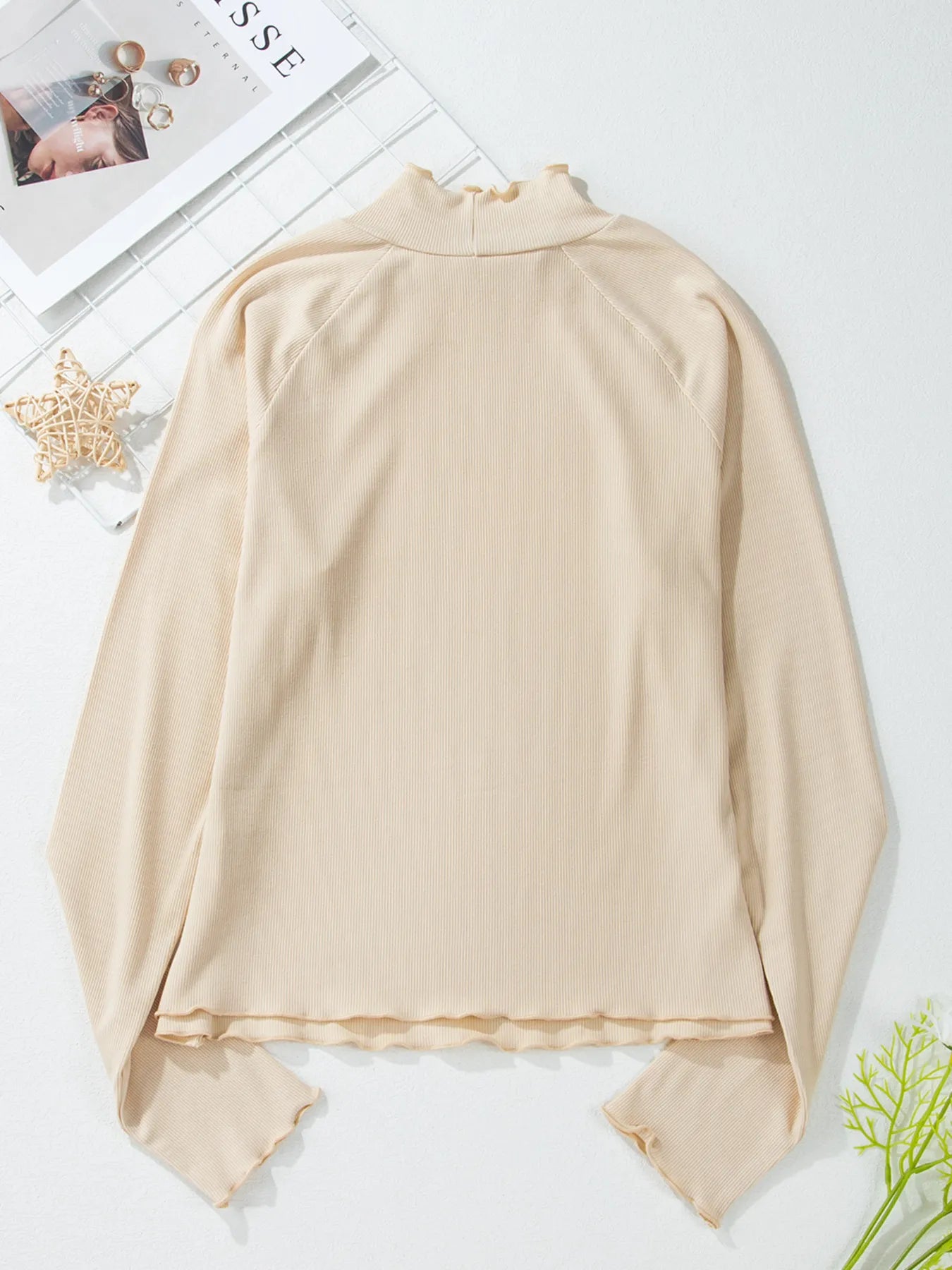 Ribbed Knit Lettuce Trim Mock Neck Long Sleeve Top - Fashorio