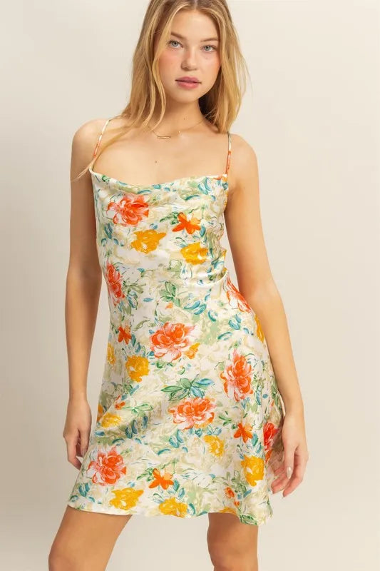 Floral Cowl Neck Flirty Satin Mini Dress back view