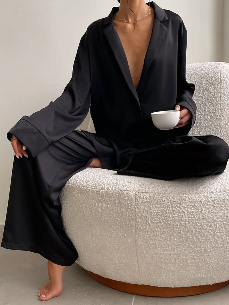 Black long sleeve top and wide leg pants lounge set front