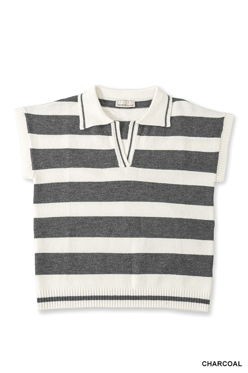 Short sleeve striped knit polo sweater styling