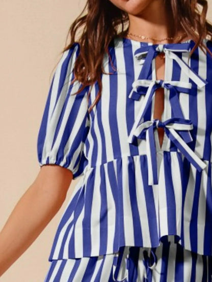 SO ME Front Tie Stripe Puff Sleeves Top and Wide Leg Pants Set - Fashorio