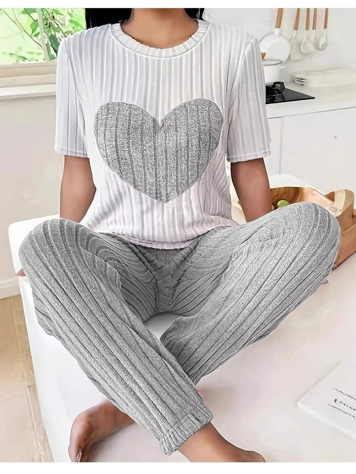 Heart ribbed knit top and pants lounge set front view
