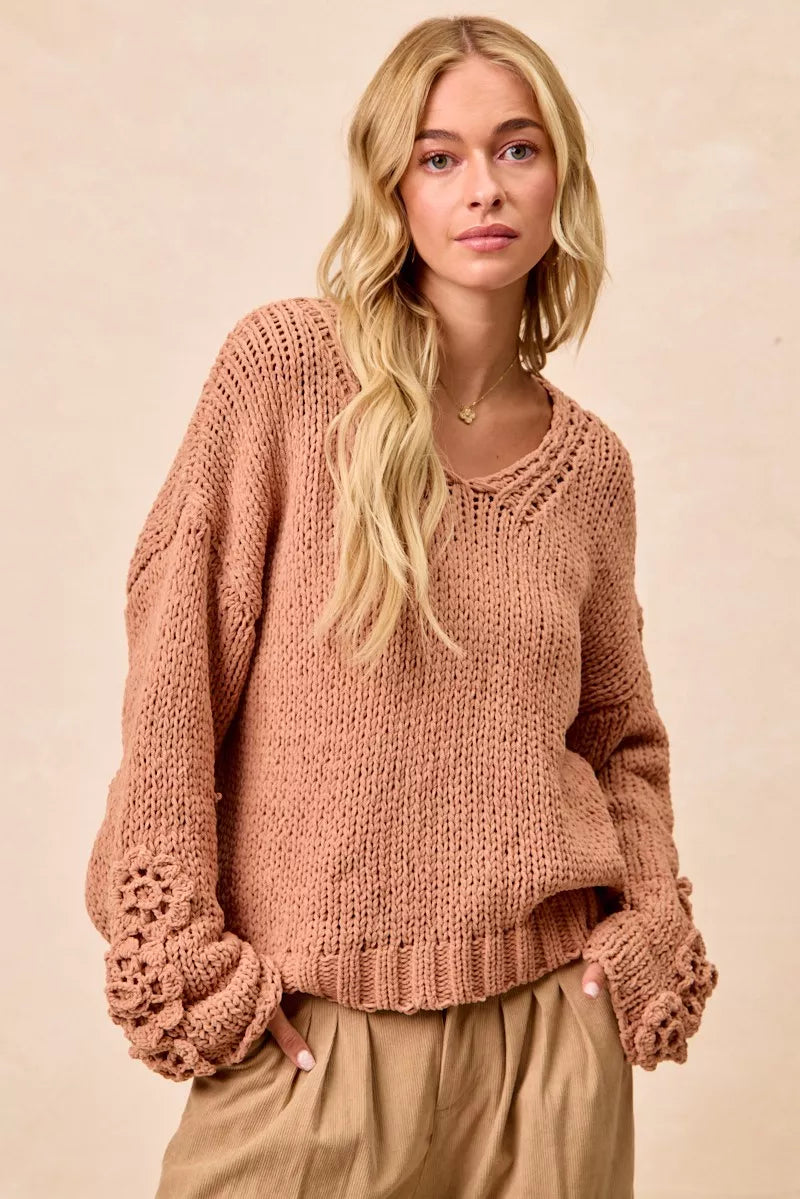 Chunky Knit Sweater with Floral Sleeves in Dusty Peach on model