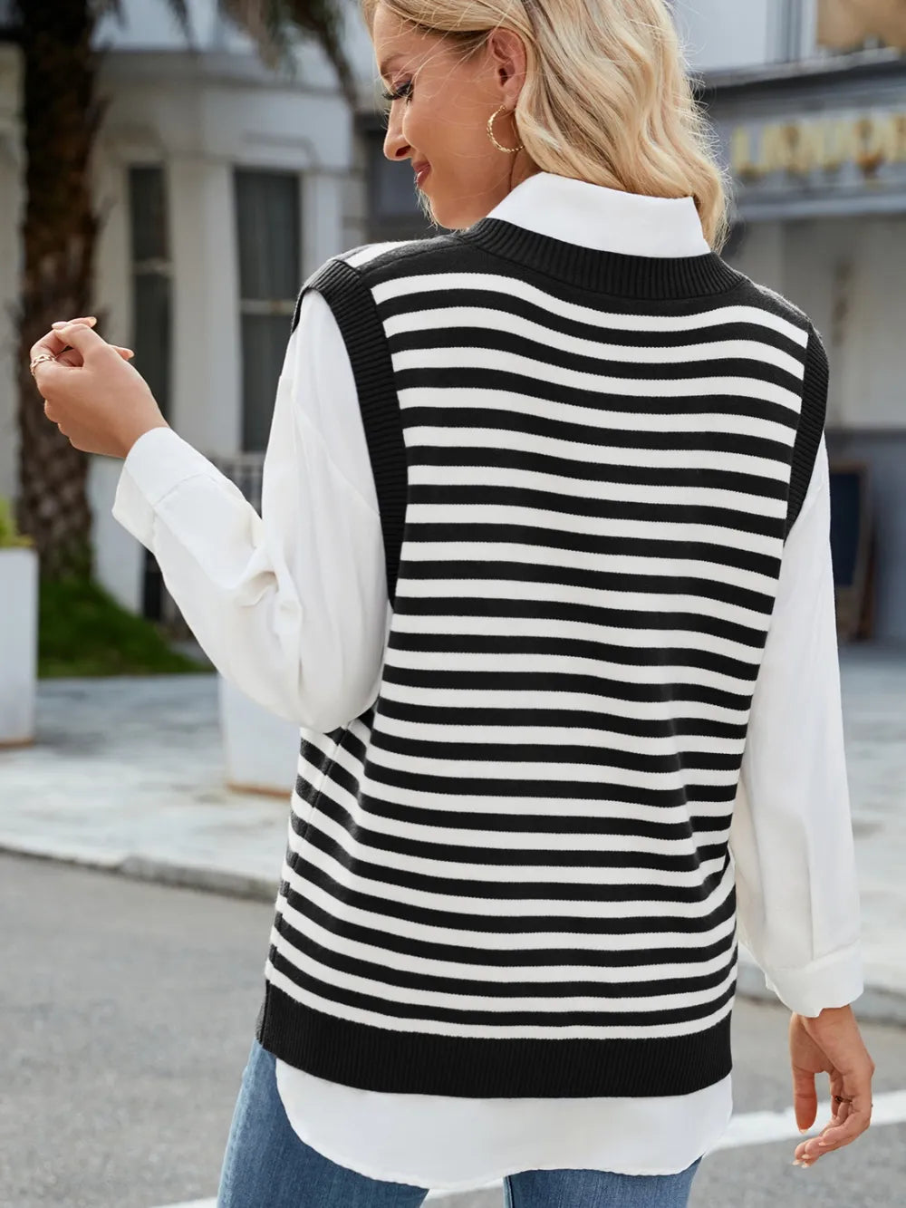 Side Slit V Neck Striped Sweater Vest in Dark Gray view 11
