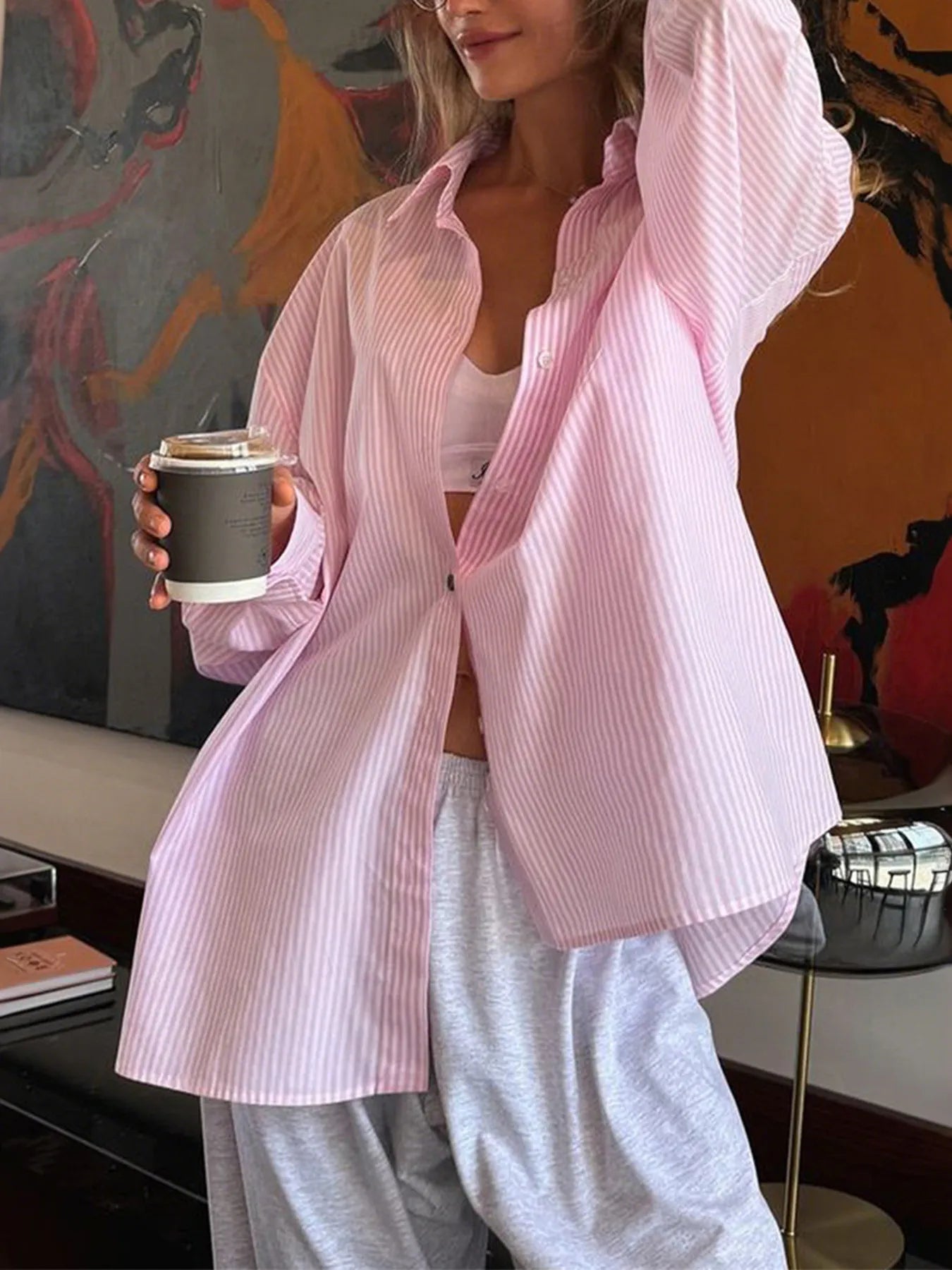 Collared Neck Long Sleeve Striped Button-Up Shirt - Fashorio