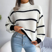 Striped Mock Neck Dropped Shoulder Sweater Light Gray - Fashorio