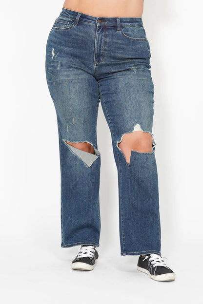 Judy Blue Full Size Hw Ripped Knee Dad Jeans Plus Size - Fashorio