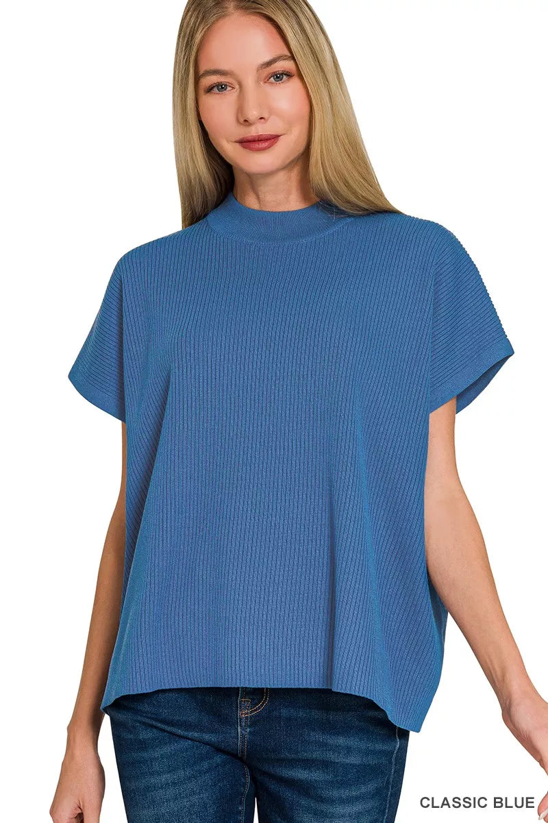 Classic blue mock neck boxy sweater front view