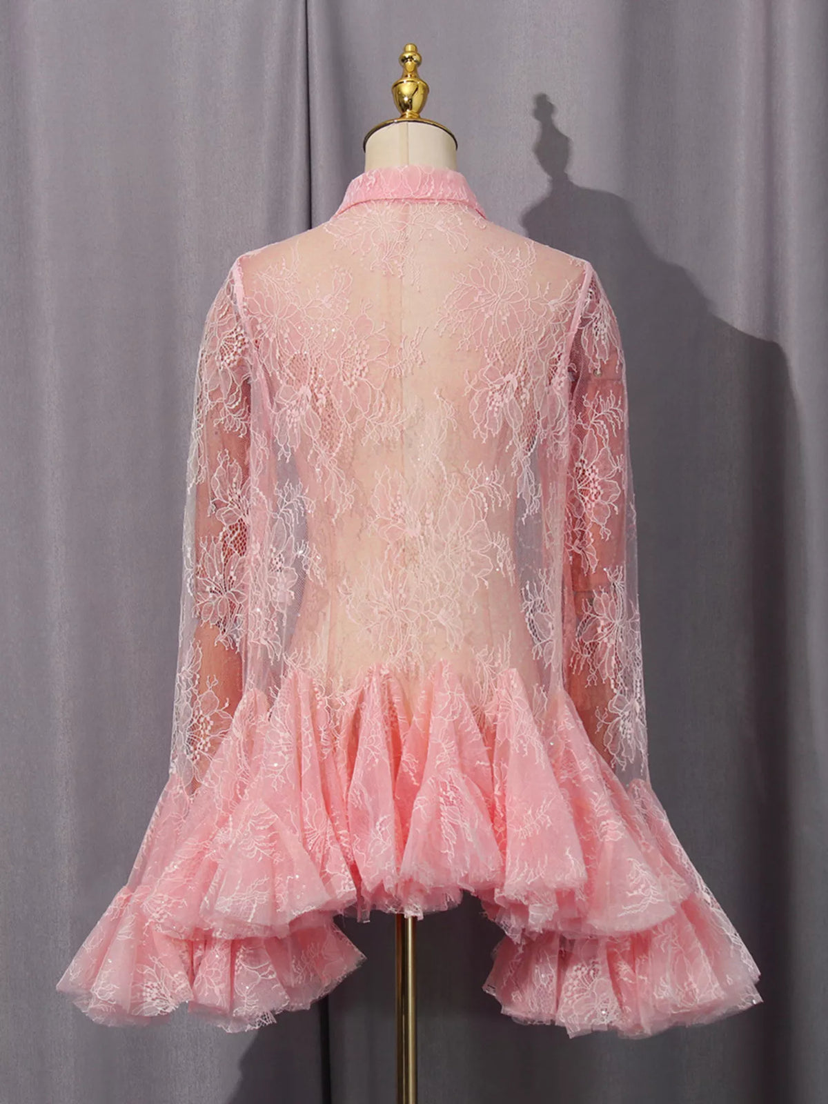 ruffled hem lace long sleeve dress back view