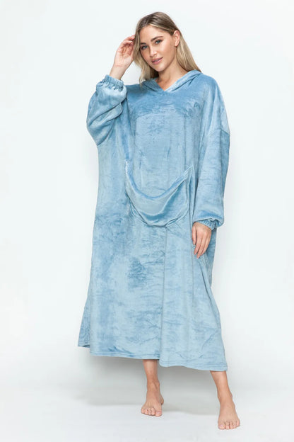 Double Take Full Size Pocketed Hooded Midi Lounge Dress - Fashorio