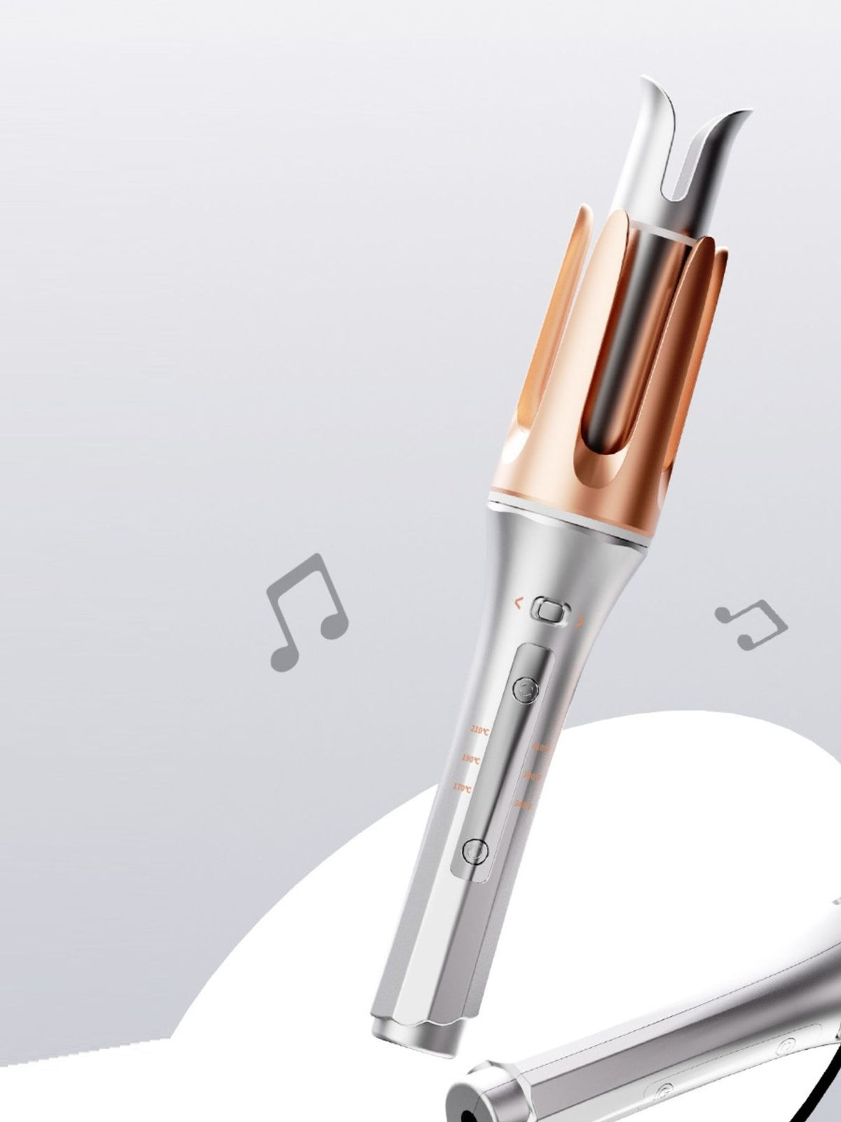 Curling iron shown upright on a surface