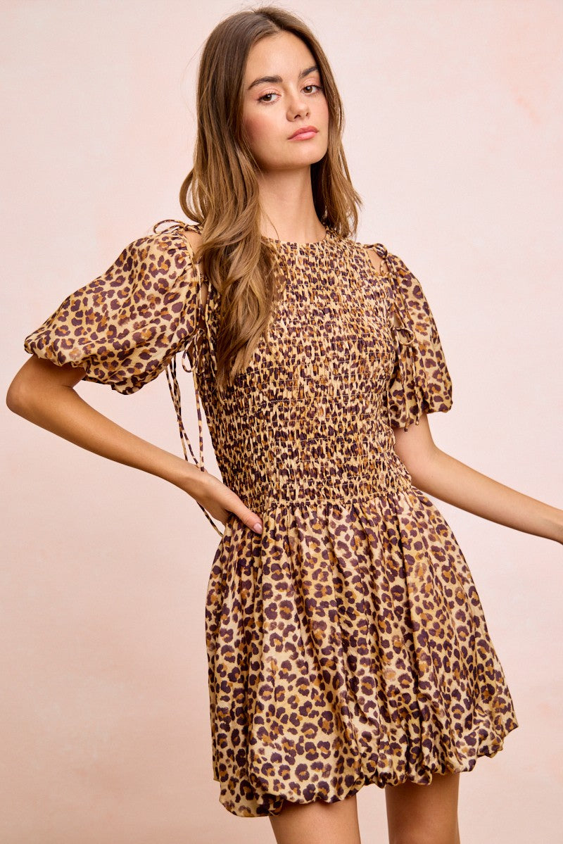 Leopard Bow Tie Attachable Puff Sleeves Dress view 7