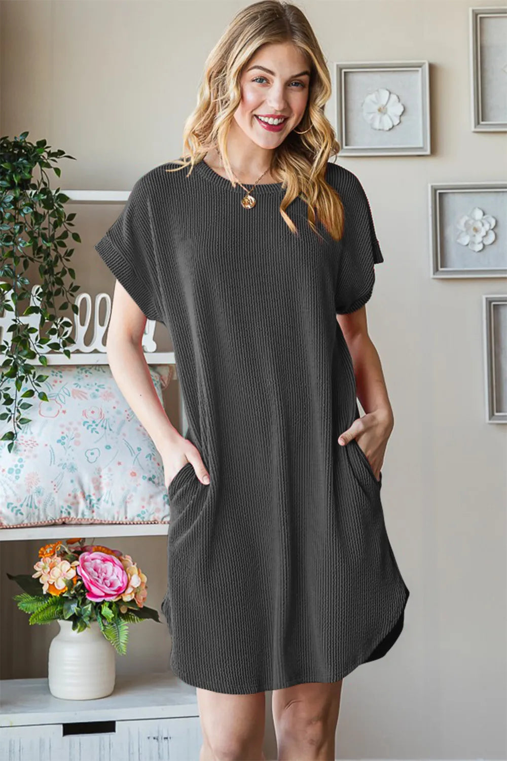 Ribbed Round Neck Short Sleeve Tee Dress back view