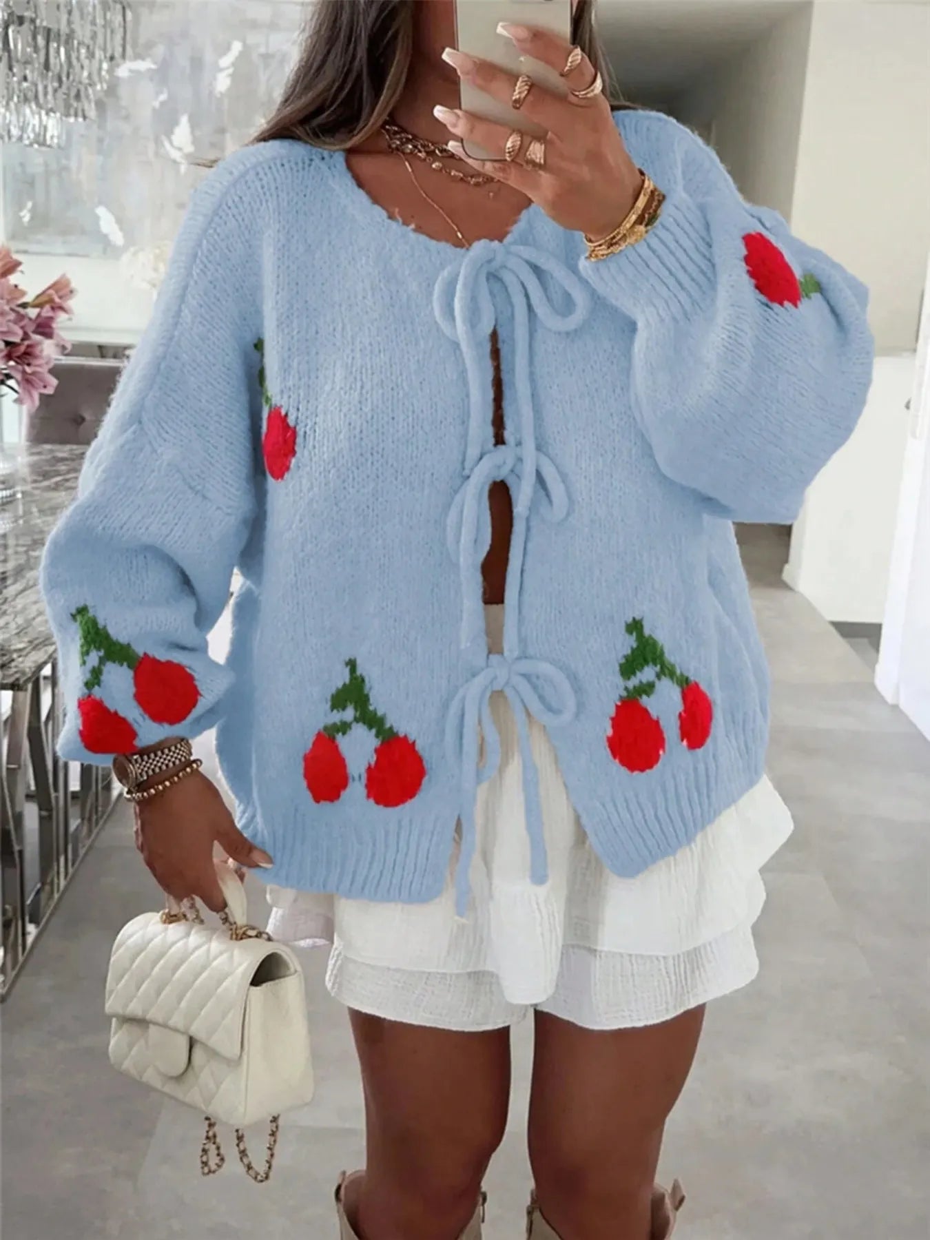 Cherry Pattern Tie-Front Oversized Cardigan Light Blue - Fashorio