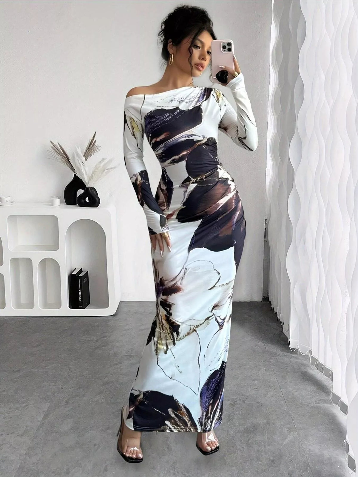 Floral one shoulder maxi dress back view