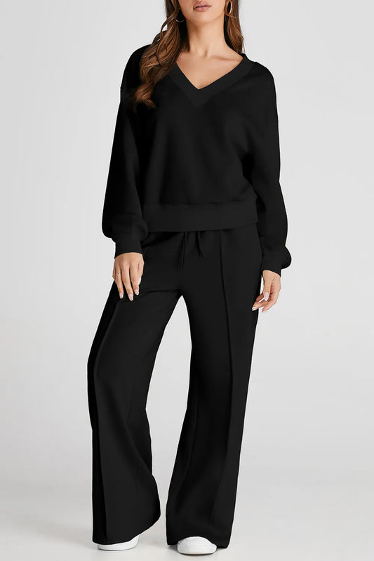V-Neck Long Sleeve Top and Pants Active Set Black - Fashorio