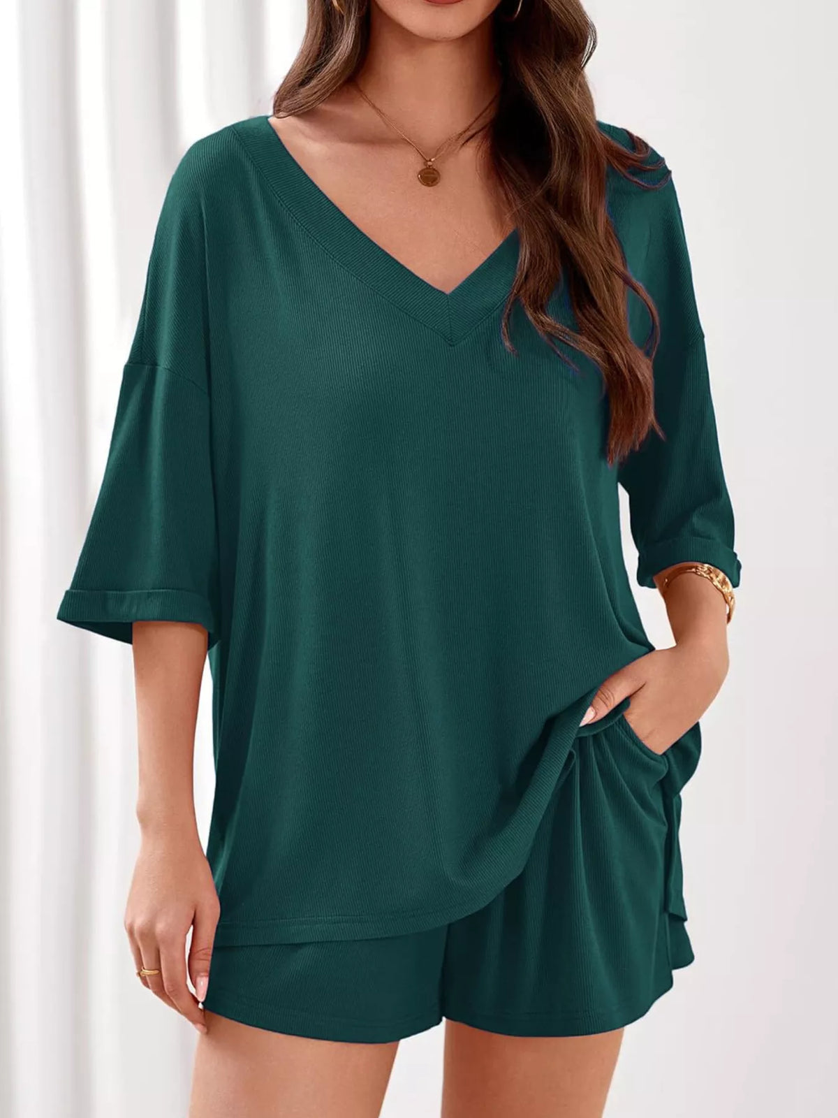 V Neck Top and Shorts Two Piece Set, view 32