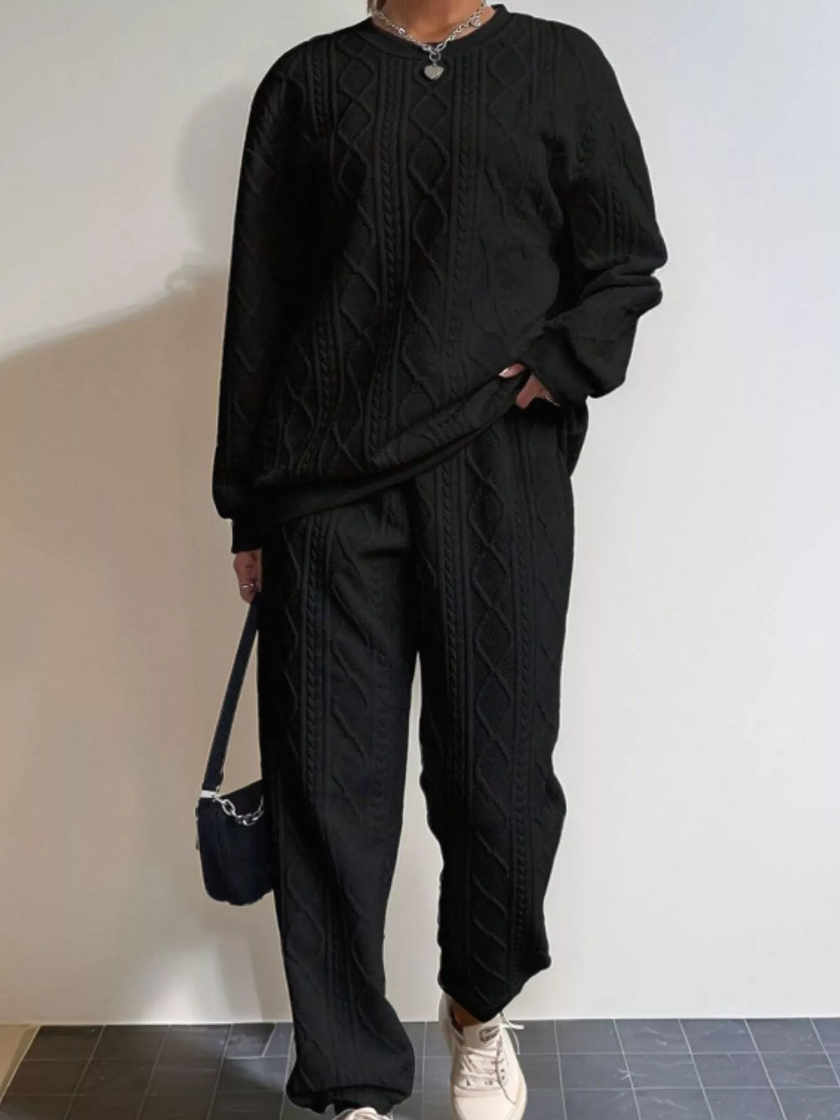 Texture Round Neck Top and Pants Set, view 16