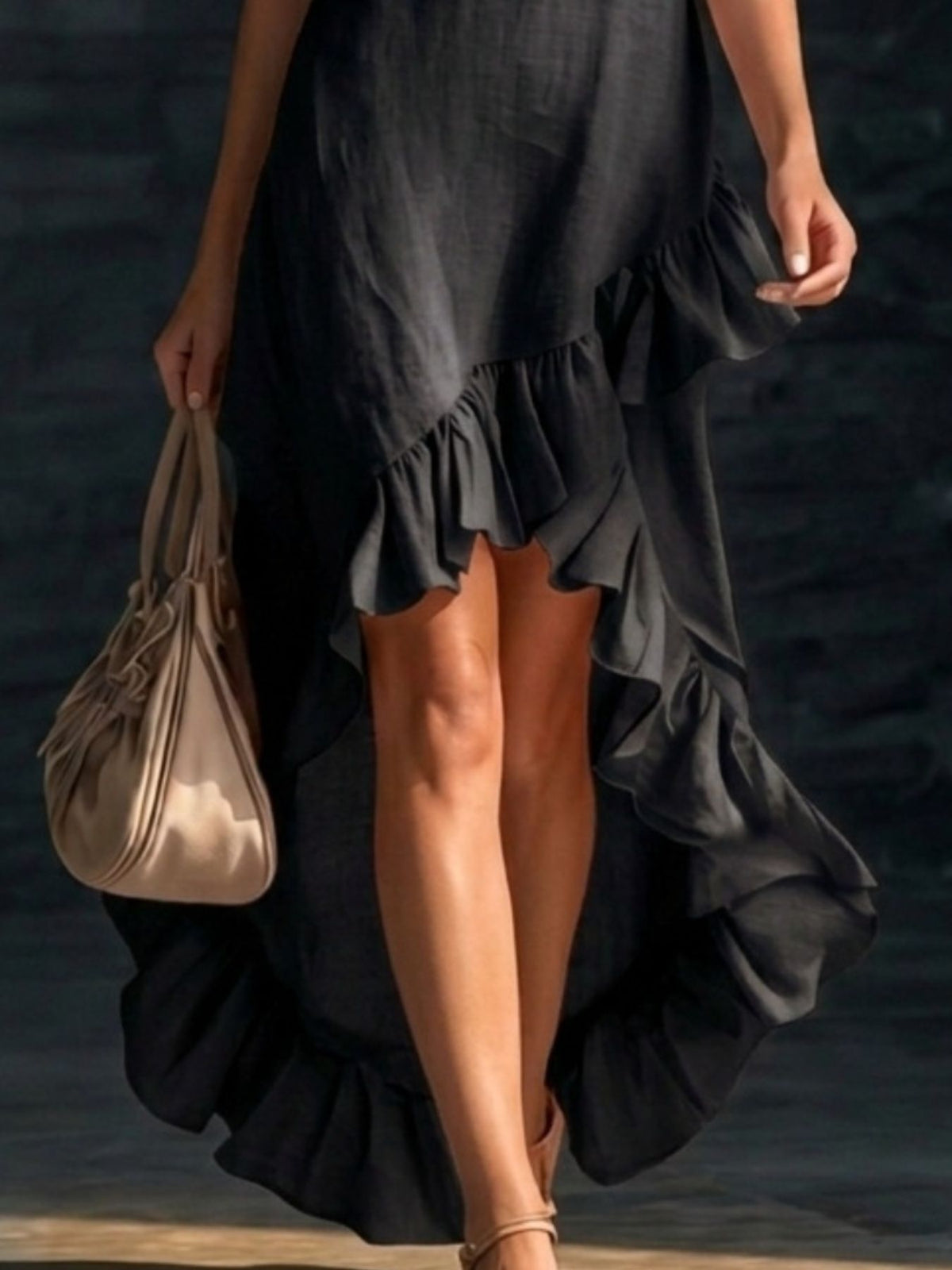 V neck ruffle hem high low maxi dress movement shot
