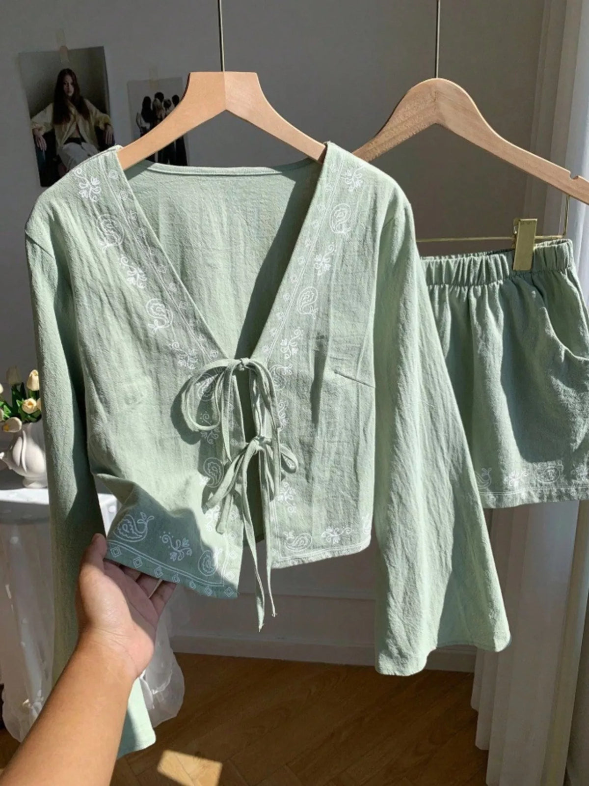 Embroidered Tie Front Top and Shorts Set, view 13
