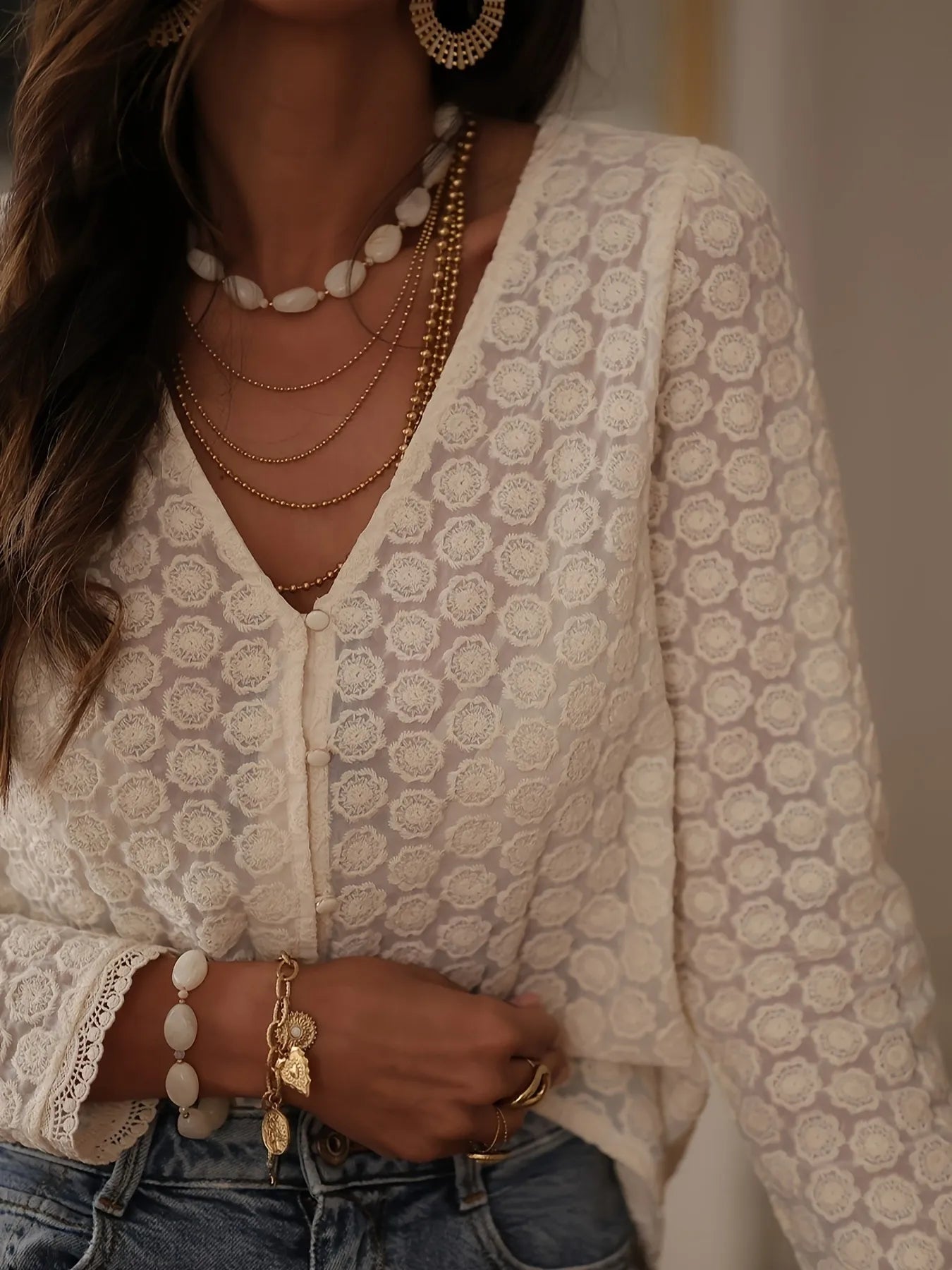 Lace Button Up Long Sleeve Shirt - Fashorio