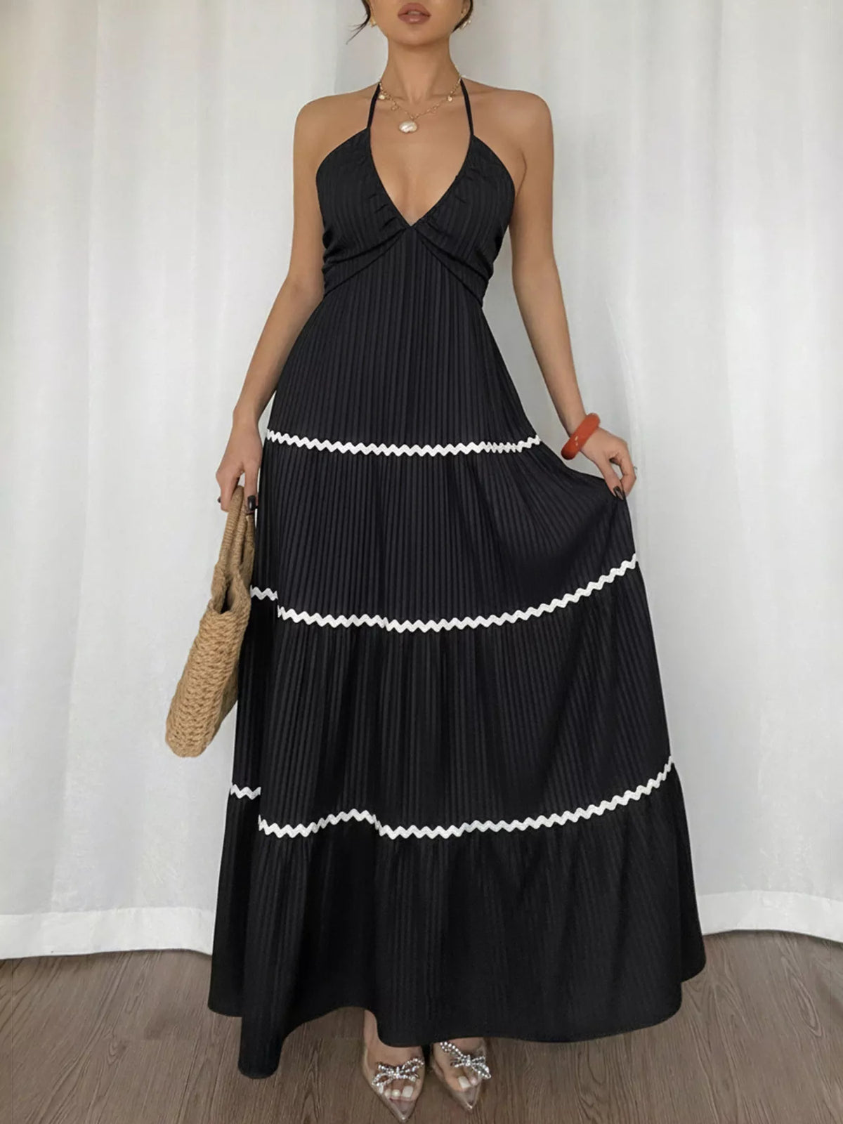 black halter neck pleated maxi dress back view