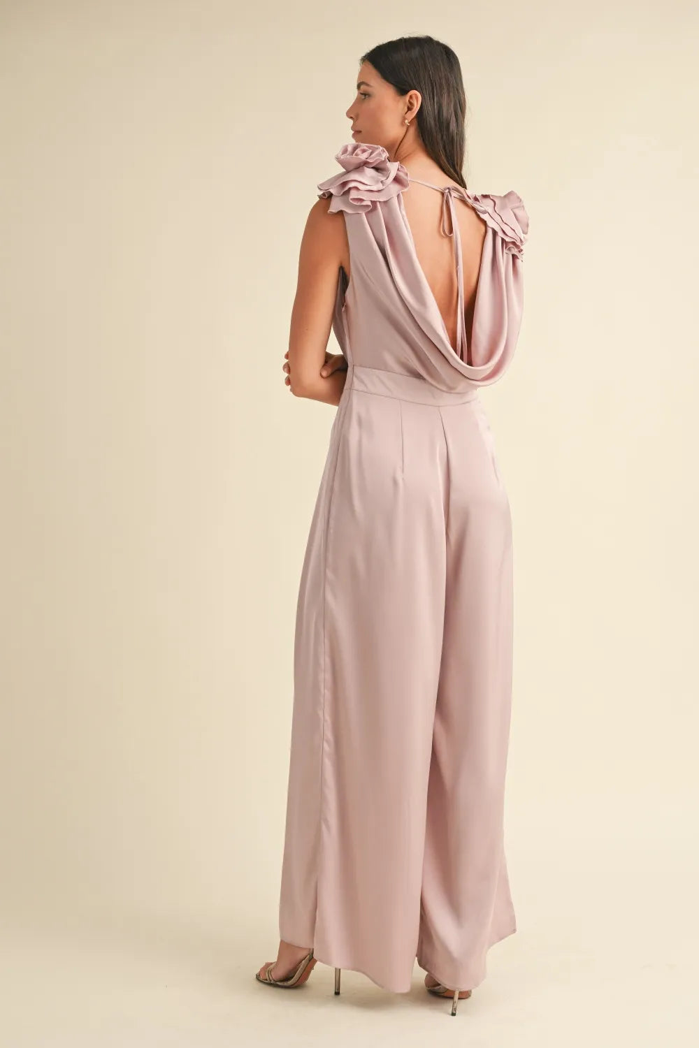 3d Floral Applique Deep Cowl Neck Jumpsuit back view