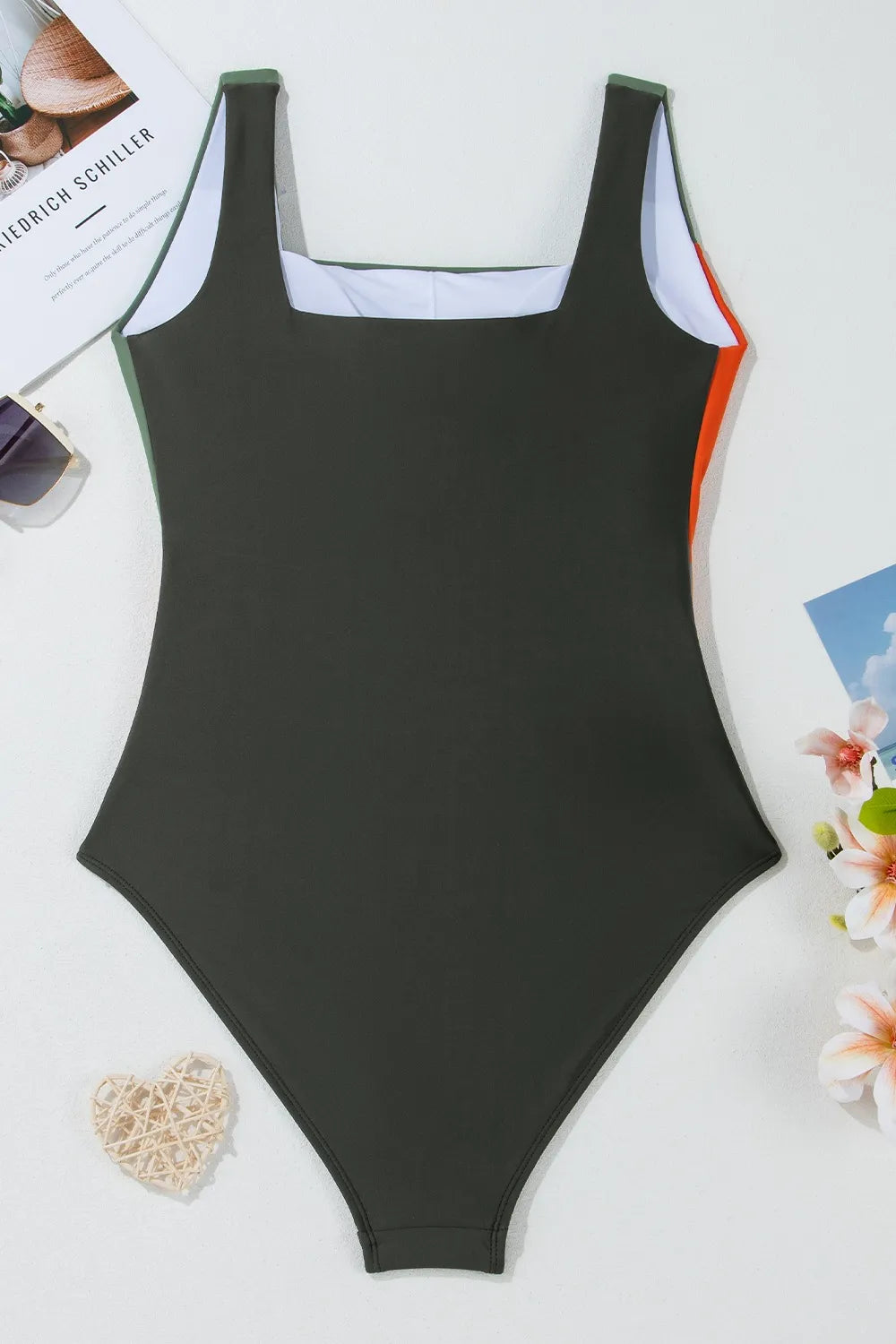 Color Block Padded Square Neck One Piece Swimsuit - Fashorio