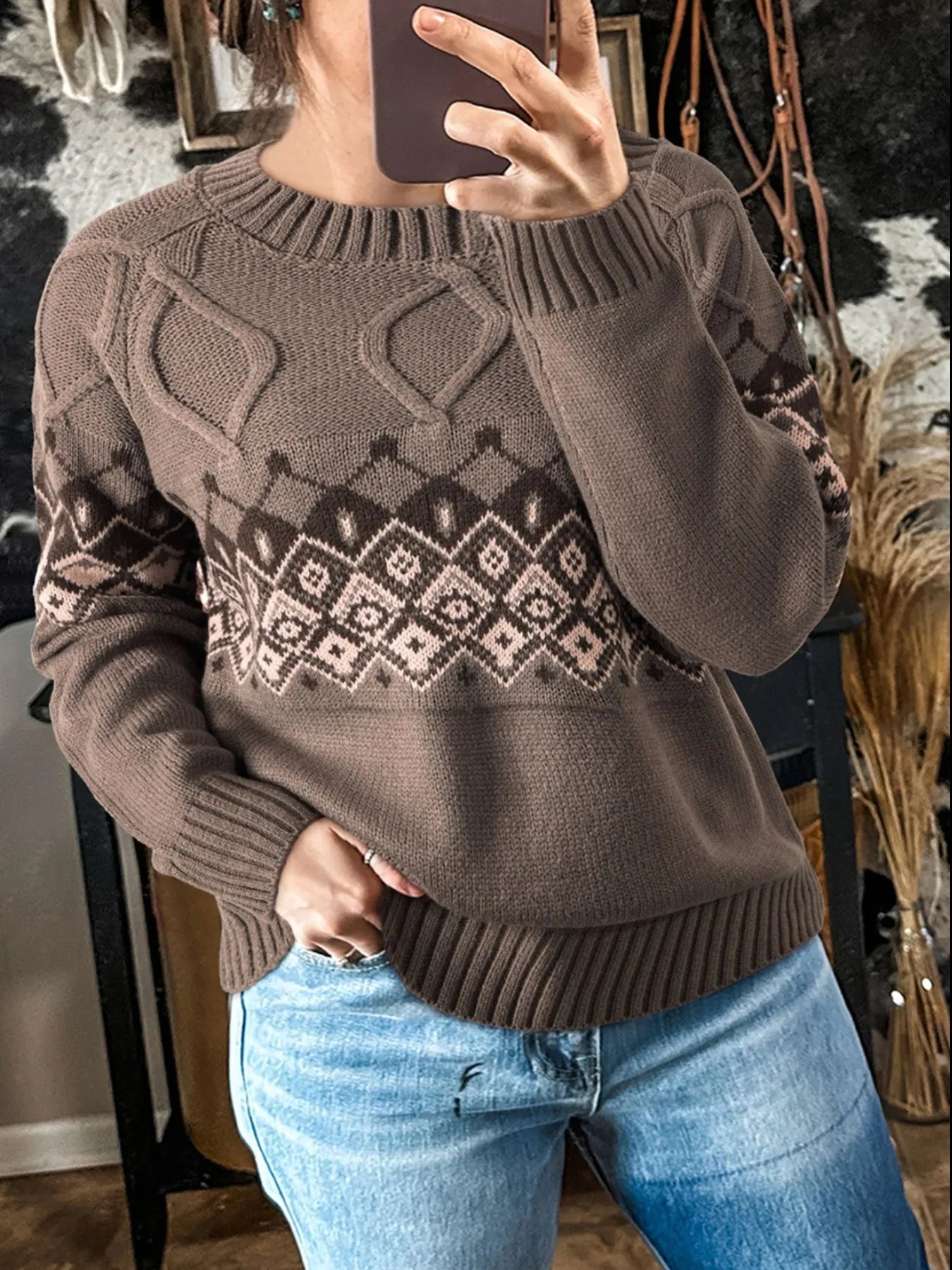 Geometric Round Neck Long Sleeve Sweater - Fashorio