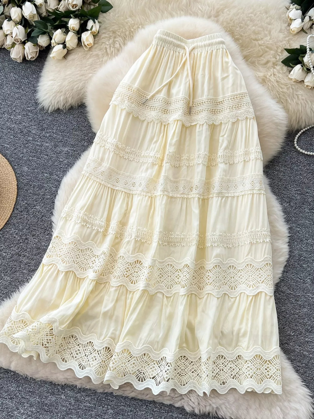 Lace tiered skirt drawstring waist detail