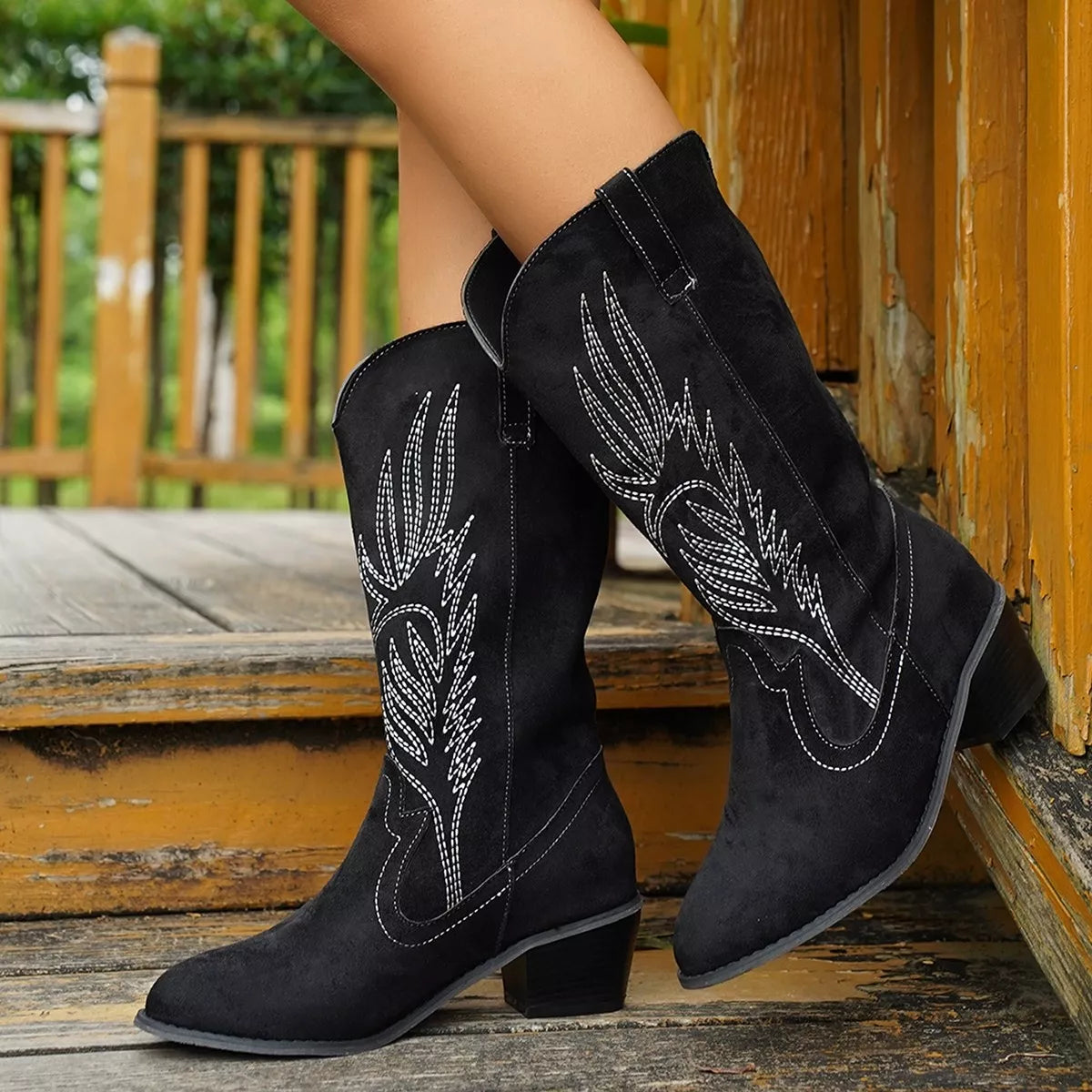 Point toe block heel boots in Pink, back view