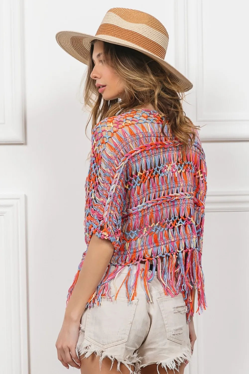 BiBi Open Front Fringed Crop Knit Cardigan - Fashorio