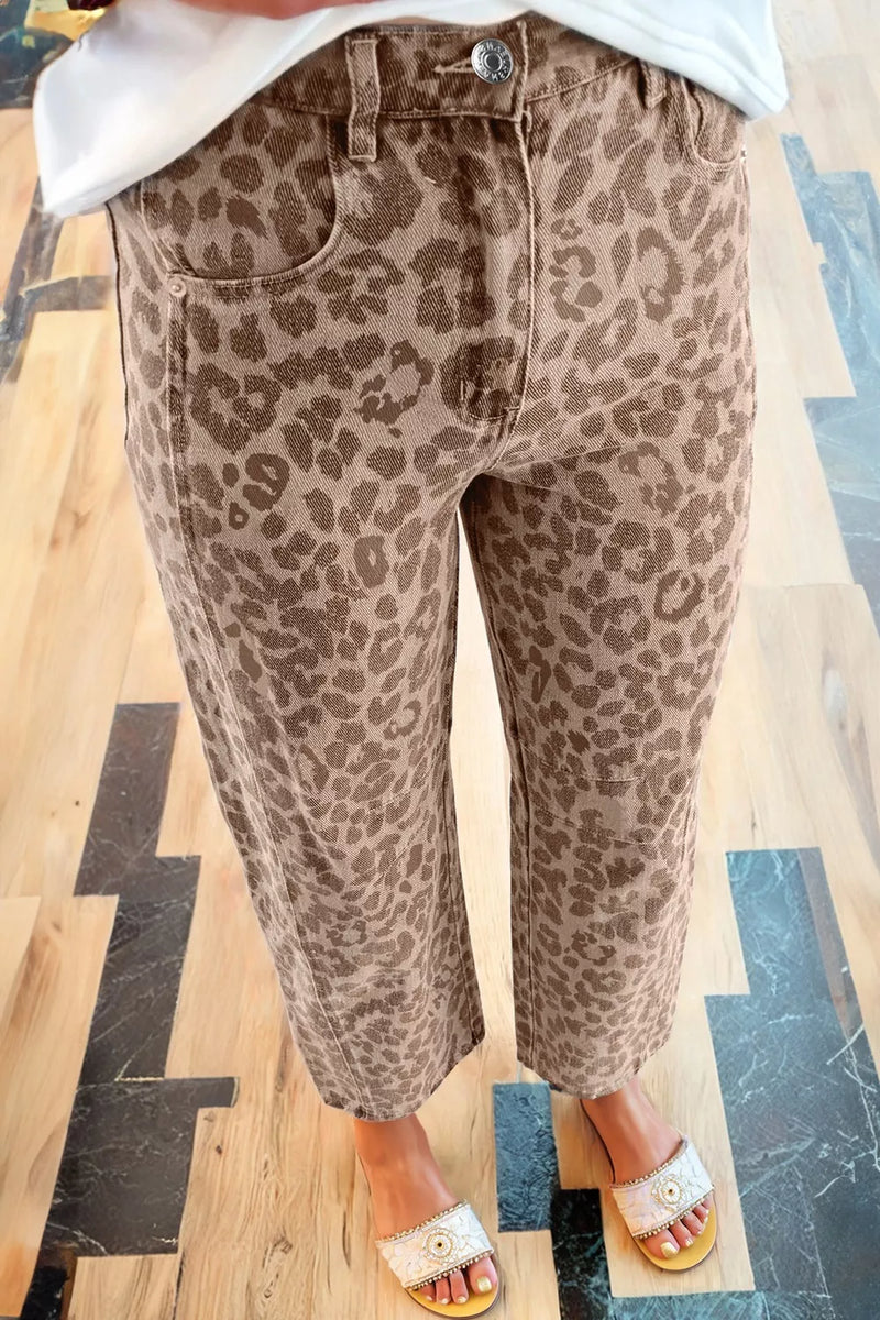 Leopard print high waisted cropped jeans front view