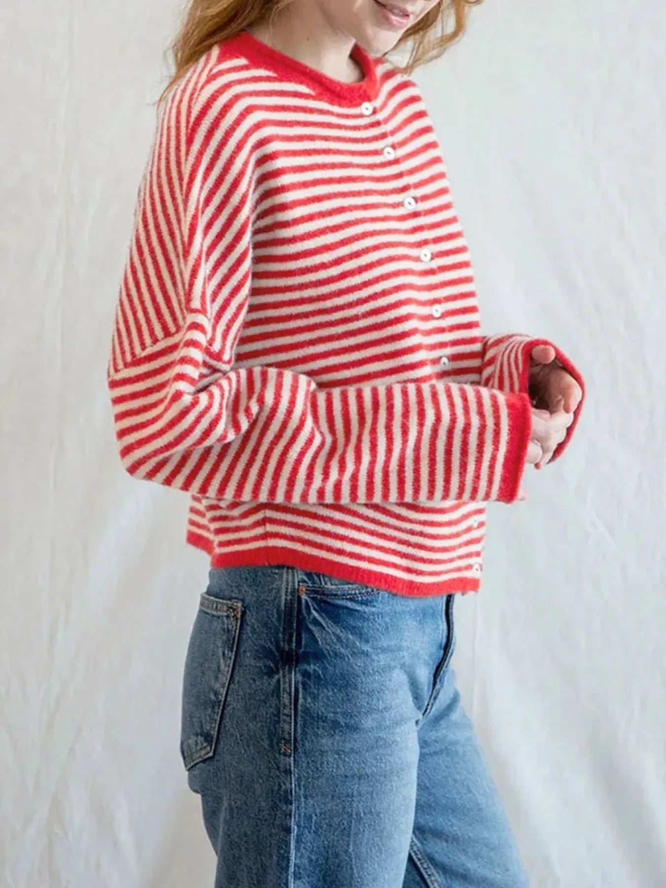 Striped Button Front Long Sleeve Cardigan - Fashorio
