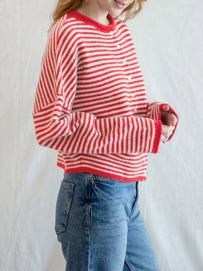 Striped Button Front Long Sleeve Cardigan - Fashorio