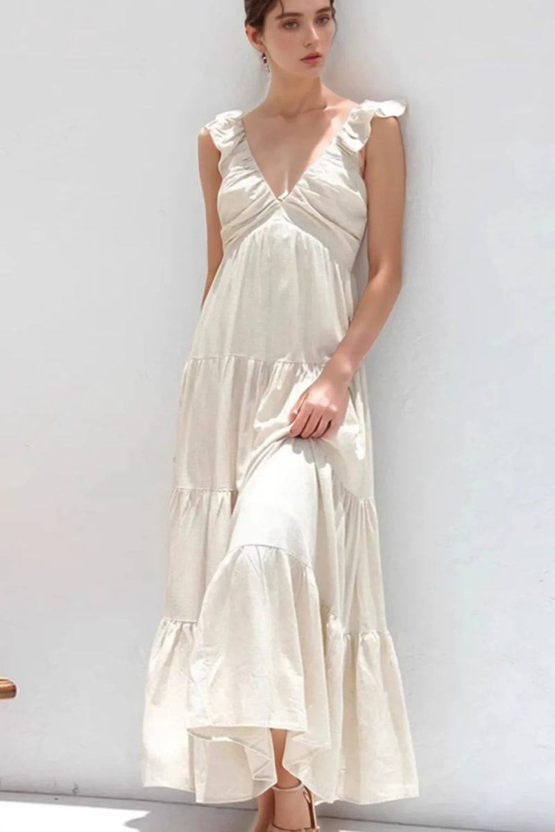 Ruffled v neck smocked tiered dress front view