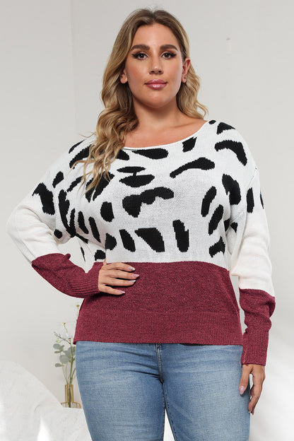 Plus Size Leopard Round Neck Long Sleeve Sweater Wine - Fashorio