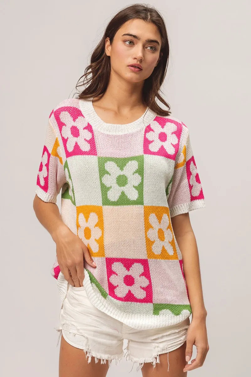 Floral Check Lightweight Sweater Top close up
