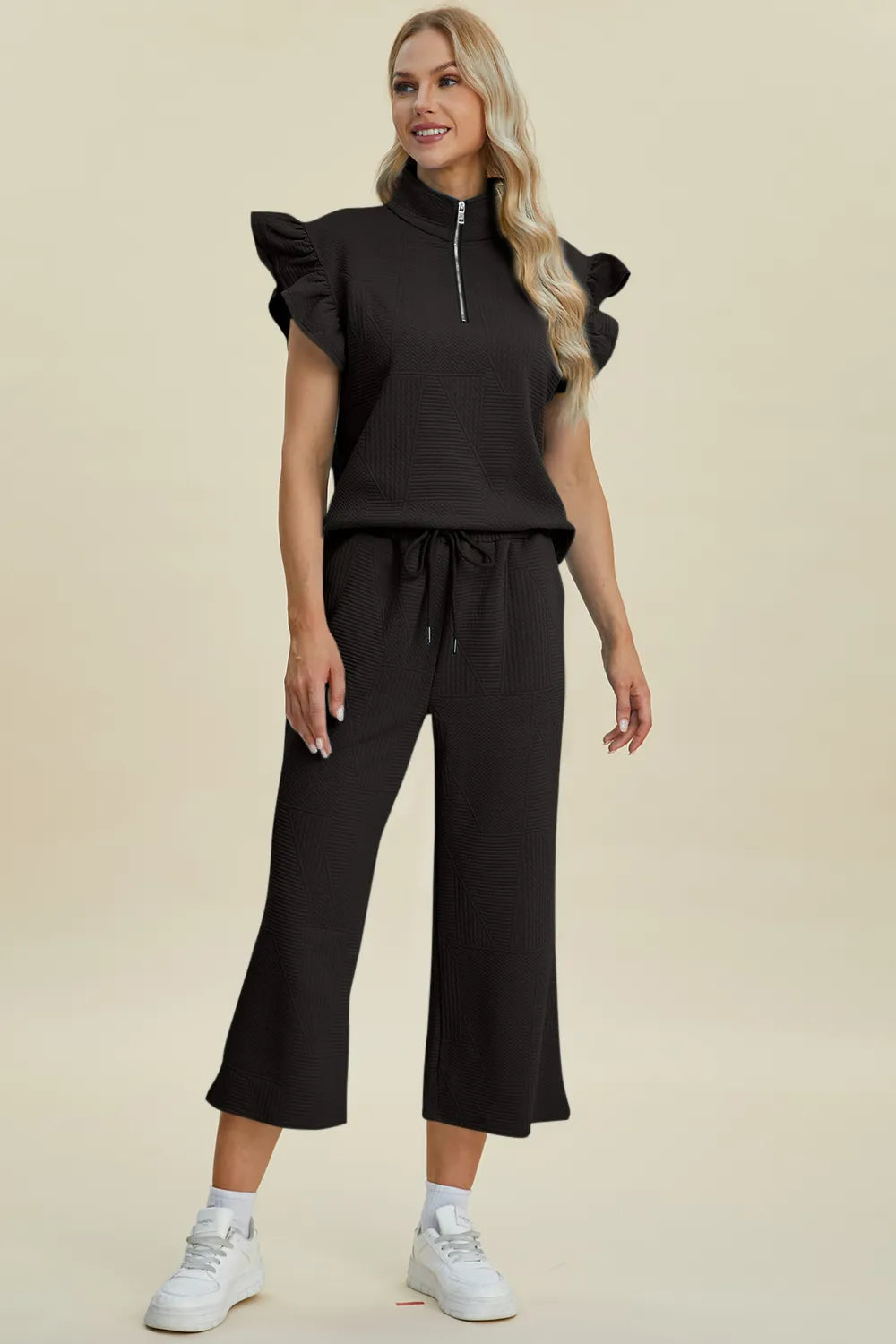 Double Take Full Size Texture Ruffle Short Sleeve Top and Wide Leg Pants Set - Fashorio