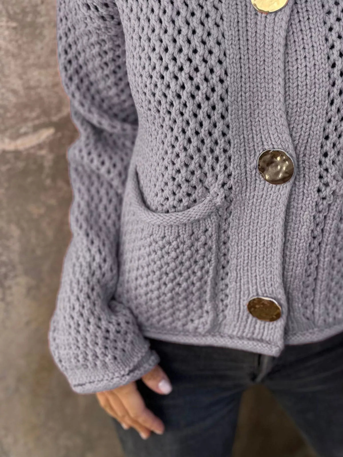 crochet button up cardigan side view
